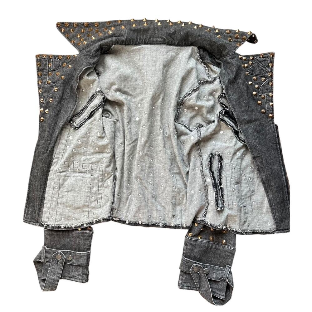 NWOT Studded Spike Rivet Black Denim Moto Jacket Size Small - Picture 6 of 6